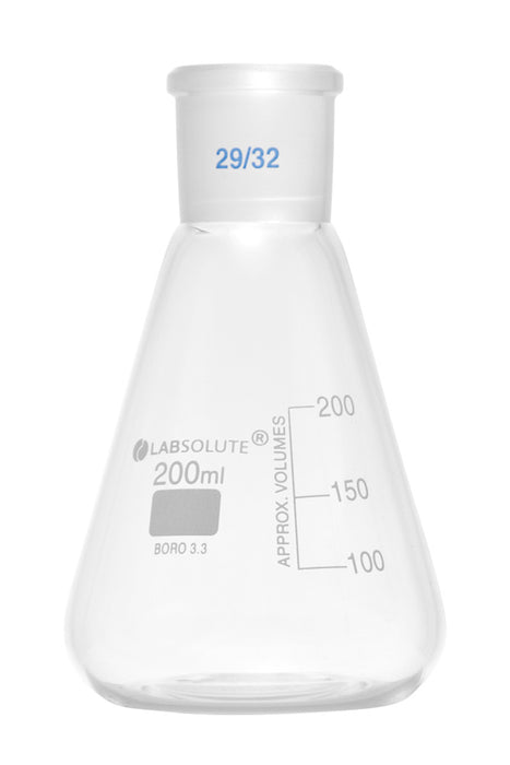 Erlenmeyerkolben, mit Normschliff, Borosilikatglas 3.3, mit dauerhafter, aufgedruckter Volumenskala, 200 ml, NS 29/32, gemäß DIN EN ISO 4797, VE=1, LABSOLUTE®