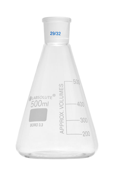 Erlenmeyerkolben, mit Normschliff, Borosilikatglas 3.3, mit dauerhafter, aufgedruckter Volumenskala, 500 ml, NS 29/32, gemäß DIN EN ISO 4797, VE=1, LABSOLUTE®