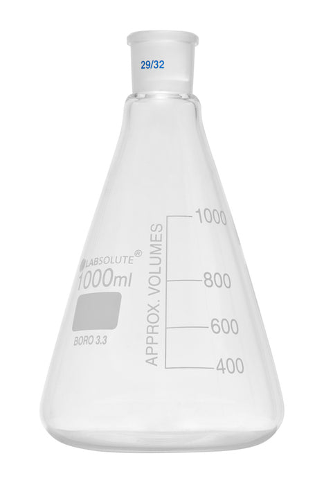 Erlenmeyerkolben, mit Normschliff, Borosilikatglas 3.3, mit dauerhafter, aufgedruckter Volumenskala, 1000 ml, NS 29/32, gemäß DIN EN ISO 4797, VE=1, LABSOLUTE®