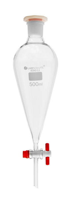 Scheidetrichter, 500 ml, NS 29/32, Borosilikatglas 3.3, nach Squibb, ISO 4800, mit PTFE-Küken und PE-Stopfen, weiße Beschriftung, VE=1, LABSOLUTE®