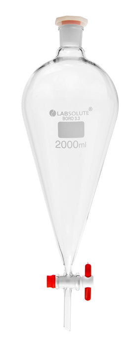 Scheidetrichter, 2000 ml, NS 29/32, Borosilikatglas 3.3, nach Squibb, ISO 4800, mit PTFE-Küken und PE-Stopfen, weiße Beschriftung, VE=1, LABSOLUTE®