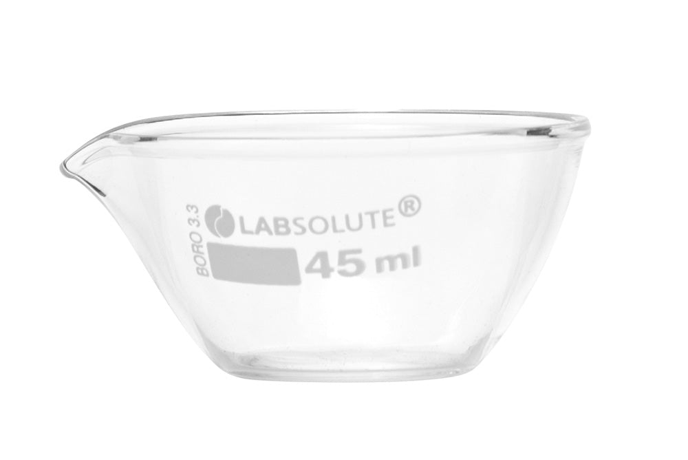 Abdampfschale, 45 ml, Ø=60 mm, h=30 mm, aus Borosilikatglas 3.3, klar, gemäß DIN 12336, mit flachem Boden und Ausguss, VE=1, LABSOLUTE®