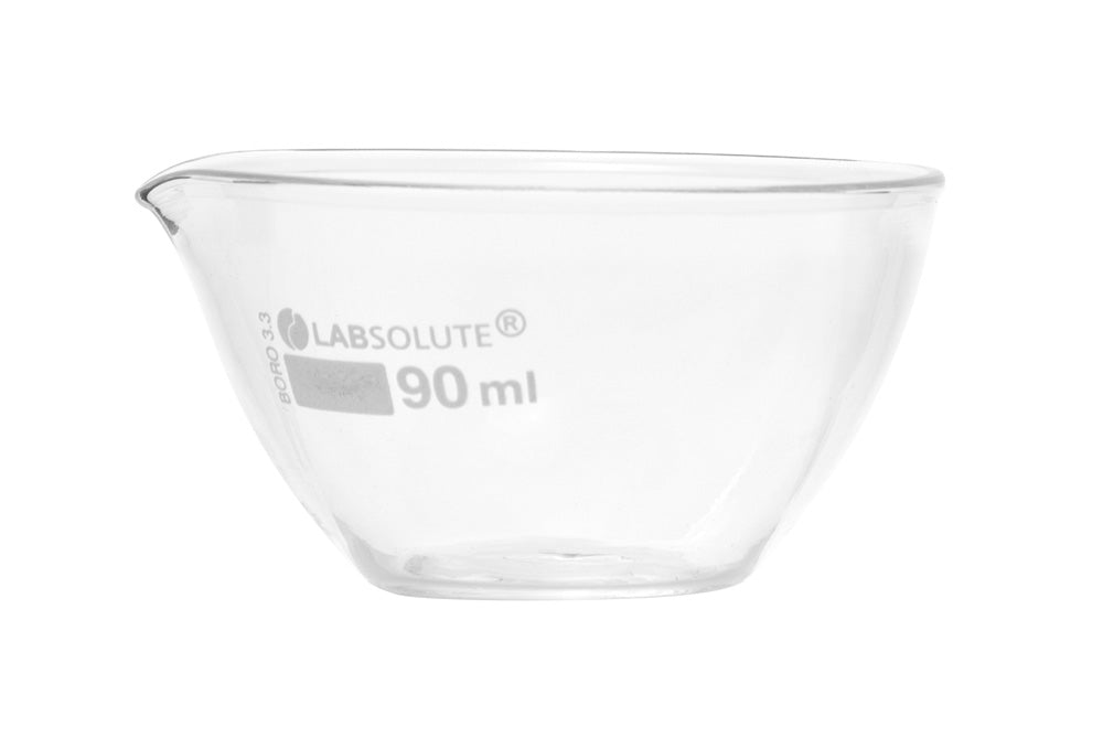 Abdampfschale, 90 ml, Ø=80 mm, h=45 mm, aus Borosilikatglas 3.3, klar, gemäß DIN 12336, mit flachem Boden und Ausguss, VE=1, LABSOLUTE®