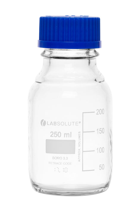 Laborflaschen, 250 ml, Klarglas, GL45, aus Borosilikatglas 3.3, mit PUR-Beschichtung, mit blauen Schraubkappen und Ausgießringen aus PP, VE=1, LABSOLUTE®