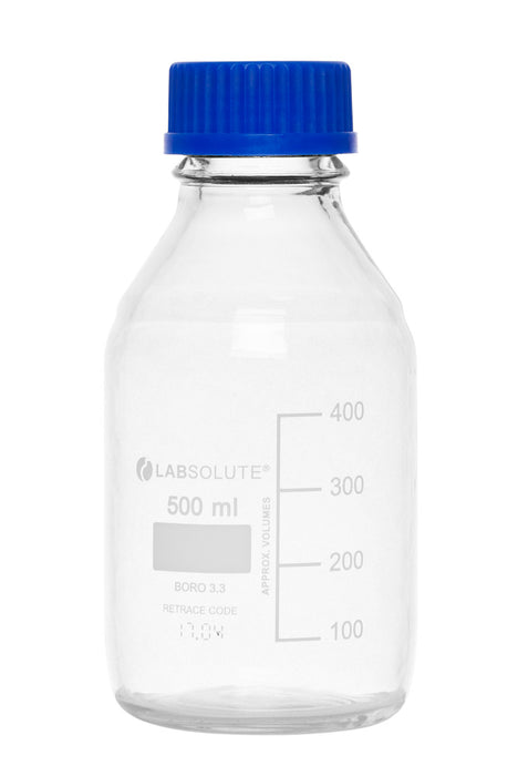 Laborflaschen, 500 ml, Klarglas, GL45, aus Borosilikatglas 3.3, mit PUR-Beschichtung, mit blauen Schraubkappen und Ausgießringen aus PP, VE=1, LABSOLUTE®