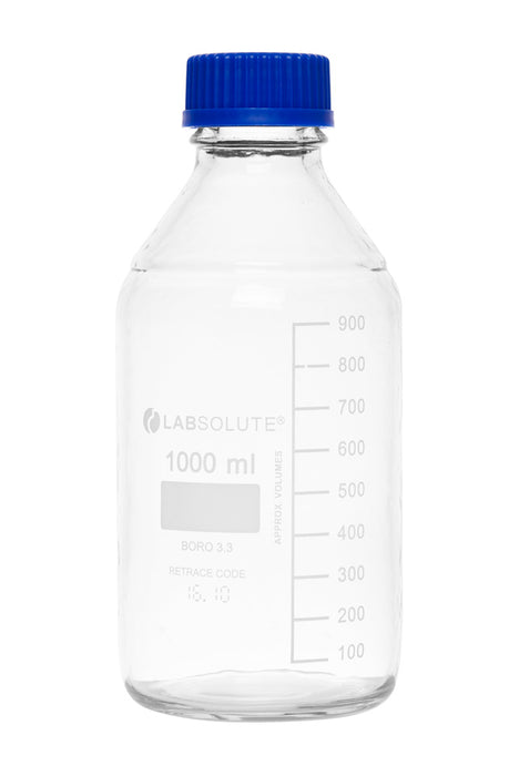 Laborflaschen, 1000 ml, Klarglas, GL45, aus Borosilikatglas 3.3, mit PUR-Beschichtung, mit blauen Schraubkappen und Ausgießringen aus PP, VE=1, LABSOLUTE®