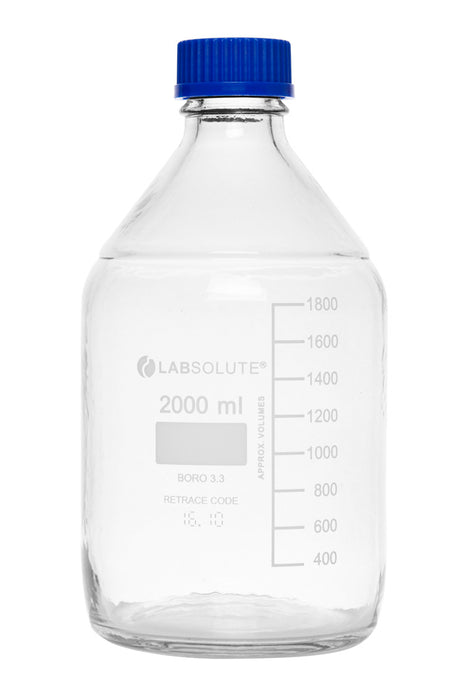 Laborflaschen, 2000 ml, Klarglas, GL45, aus Borosilikatglas 3.3, mit PUR-Beschichtung, mit blauen Schraubkappen und Ausgießringen aus PP, VE=1, LABSOLUTE®