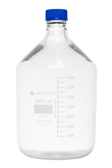 Laborflaschen, 5000 ml, Klarglas, GL45, aus Borosilikatglas 3.3, mit PUR-Beschichtung, mit blauen Schraubkappen und Ausgießringen aus PP, VE=1, LABSOLUTE®