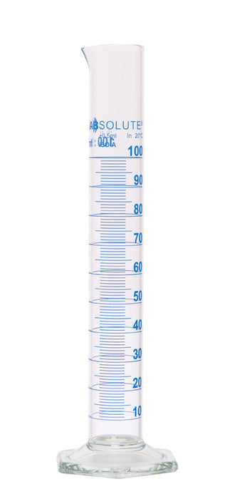 Messzylinder, 100 ml, blaue Graduierung, Teilung 1 ml, hohe Form, Klasse A, Borosilikatglas 3.3, DIN EN ISO 4788, VE=1, LABSOLUTE®