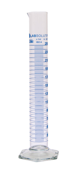 Messzylinder, 250 ml, blaue Graduierung, Teilung 2 ml, hohe Form, Klasse A, Borosilikatglas 3.3, DIN EN ISO 4788, VE=1, LABSOLUTE®