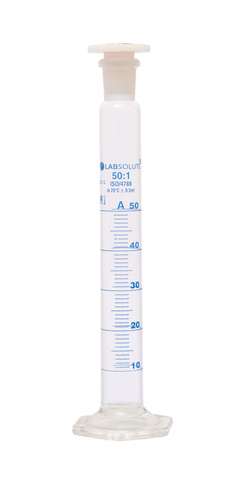 Mischzylinder, 50 ml, NS 19/26, Klasse A, aus Borosilikatglas 3.3, gemäß ISO 4788, mit PE-Stopfen, VE=1, LABSOLUTE®