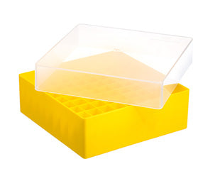 Cryo Lagerbox für 81 Cryo.s, PP, 126,5/126,5/51 mm, natur, Deckel gelb, 5 Stück/Btl. (20 Stk.)