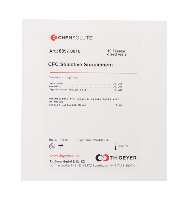 CFC Selektiv-Supplement. Steriles selektives Supplement zur Ergänzung von Art. Nr. 8895 (Pseudomonas Agar Basis) zur Isolierung von Pseudomonas spp. nach ISO 13720.